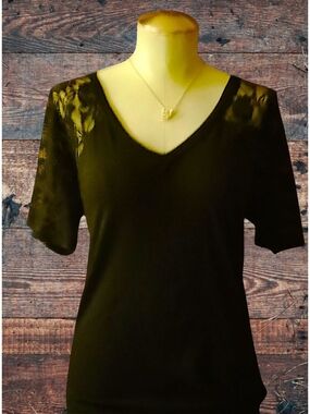 Black V-Neck Women's Top with Lace Detailing And Double Heart Necklace